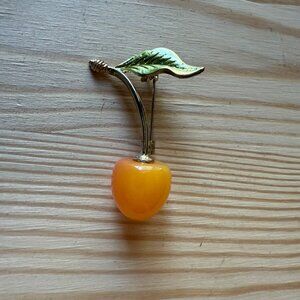 Gold-Tone Cherry Brooch With Orange Enamel Fruit & Green Leaf Pin Jewelry